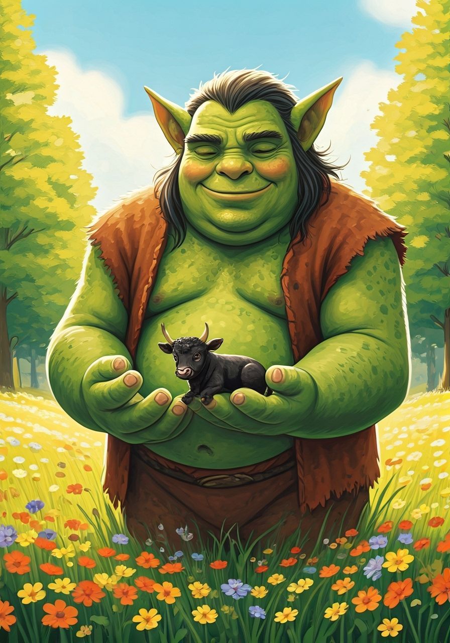 Orc and Bull in Watercolor Illustration Style