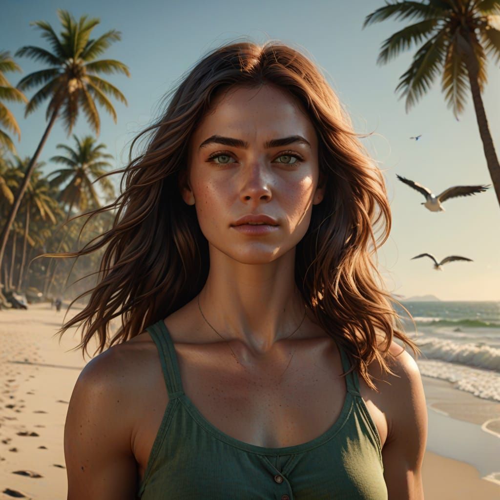 Sensual Beach Goddess in Hyper-Realistic Digital Art