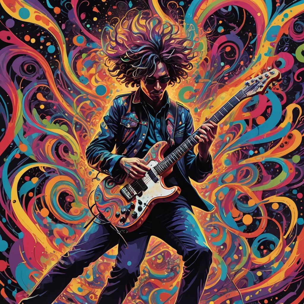 Psychedelic Musician's Guitar Smash: Vibrant Concept Art