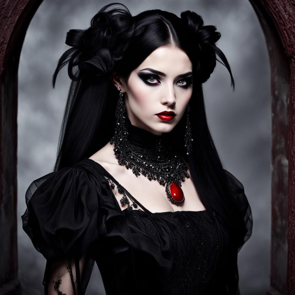 Beautiful Goth Girl in Black and Red Dress