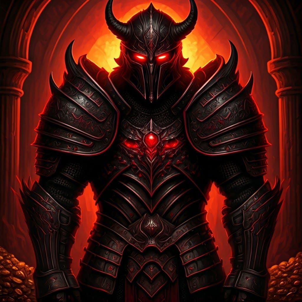 Intimidating Fiend-Inspired Black Iron Armor with Crimson Ru...
