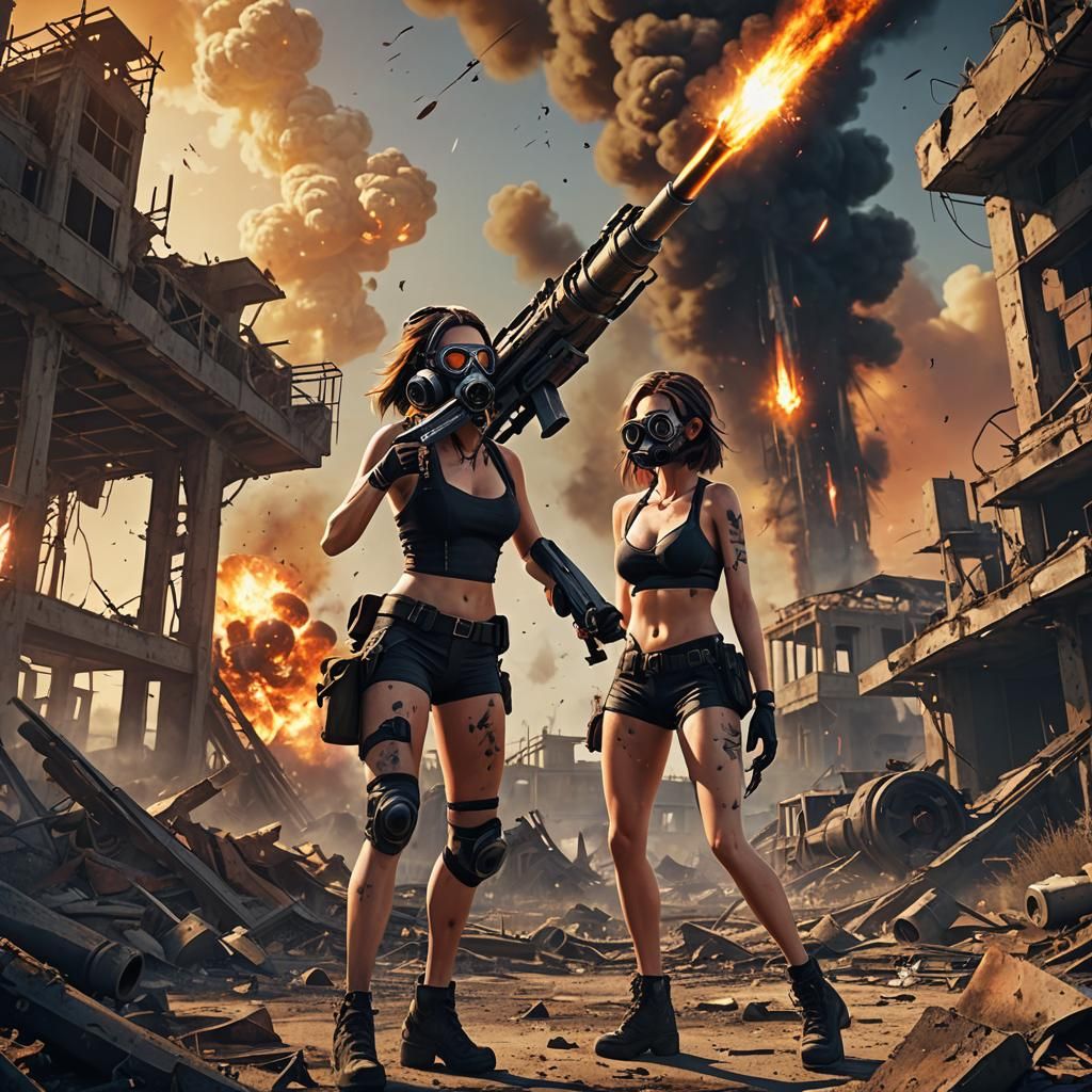 Girl in Gas Mask Fires Rocket Launcher in Matte Painting Sty...