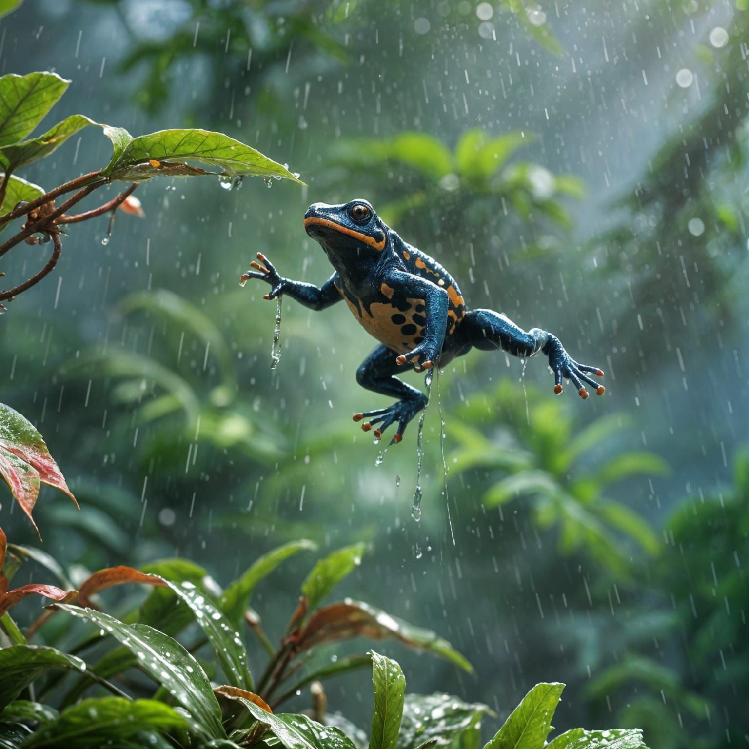 Poison Dart Frog Leaping in Rainforest: Macro Tilt-Shift