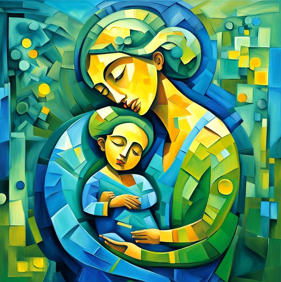 Abstract Mother and Child in Cubist Style