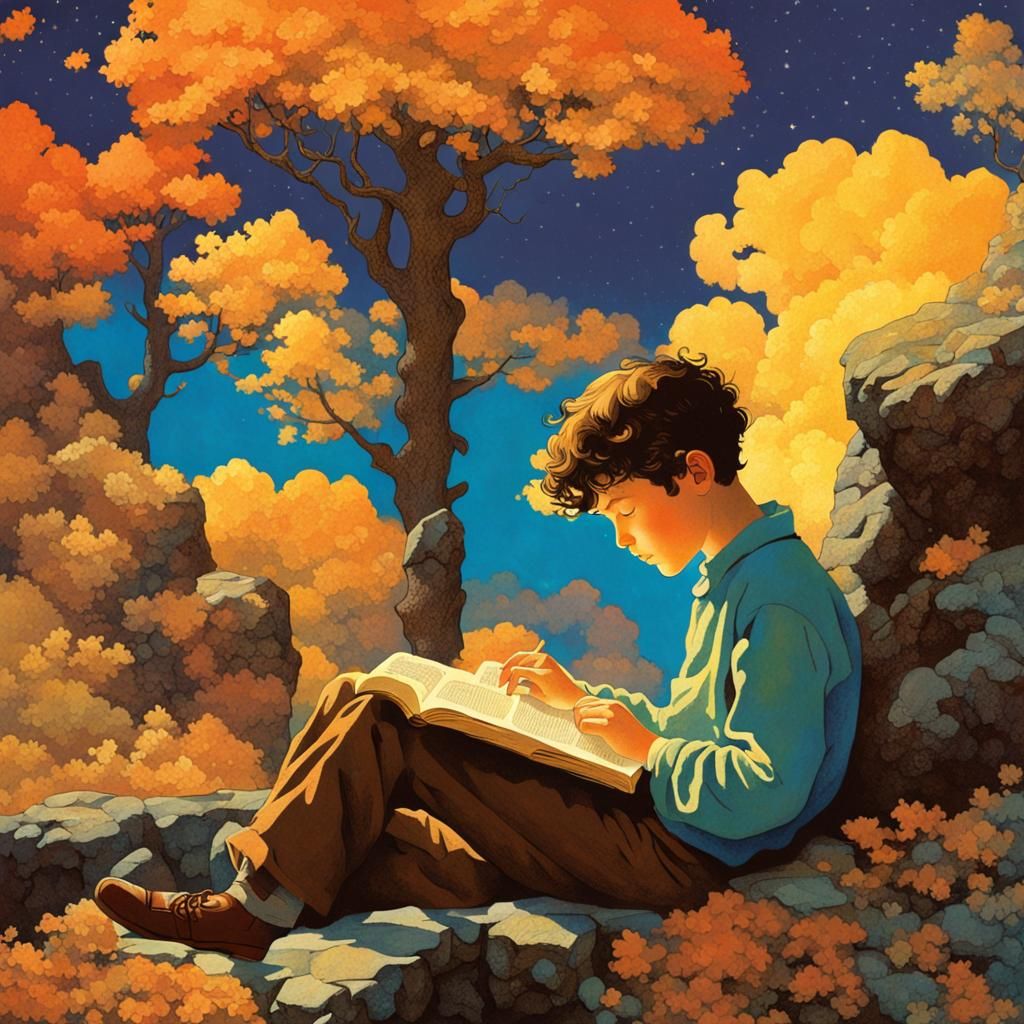 Boy Reading Book in Anime and Parrish Style