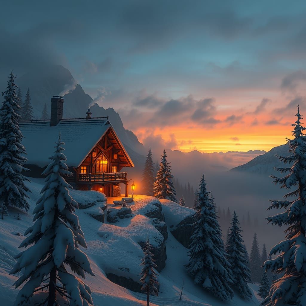 Snowy Mountain Inn at Dusk in Atmospheric Style