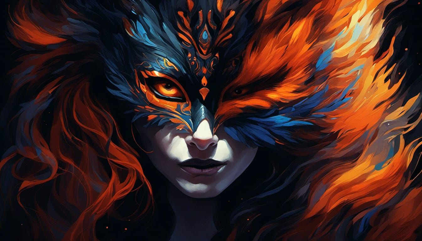 Mysterious Woman with Fox Mask in Shadows