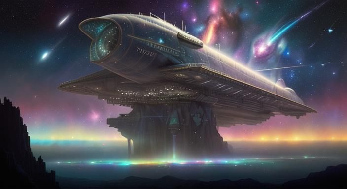 Rainbow Starship Flies Through Mystical Galaxy