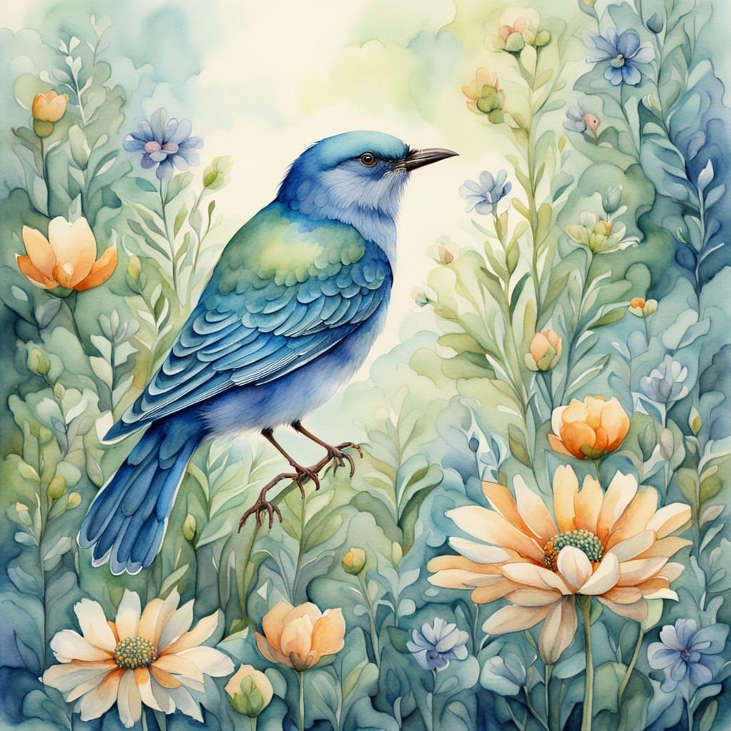 Bird on Flower in Whimsical Watercolor Garden