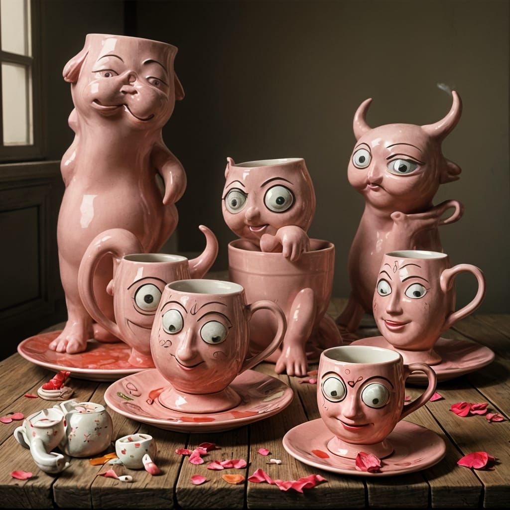 Pink Teacups with Expressive Faces on Wooden Table
