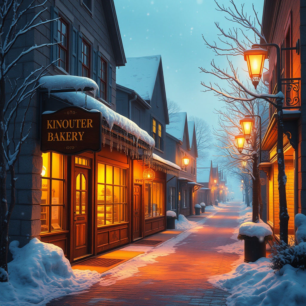 Winter Town Bakery at Night, Fantasy Concept Art