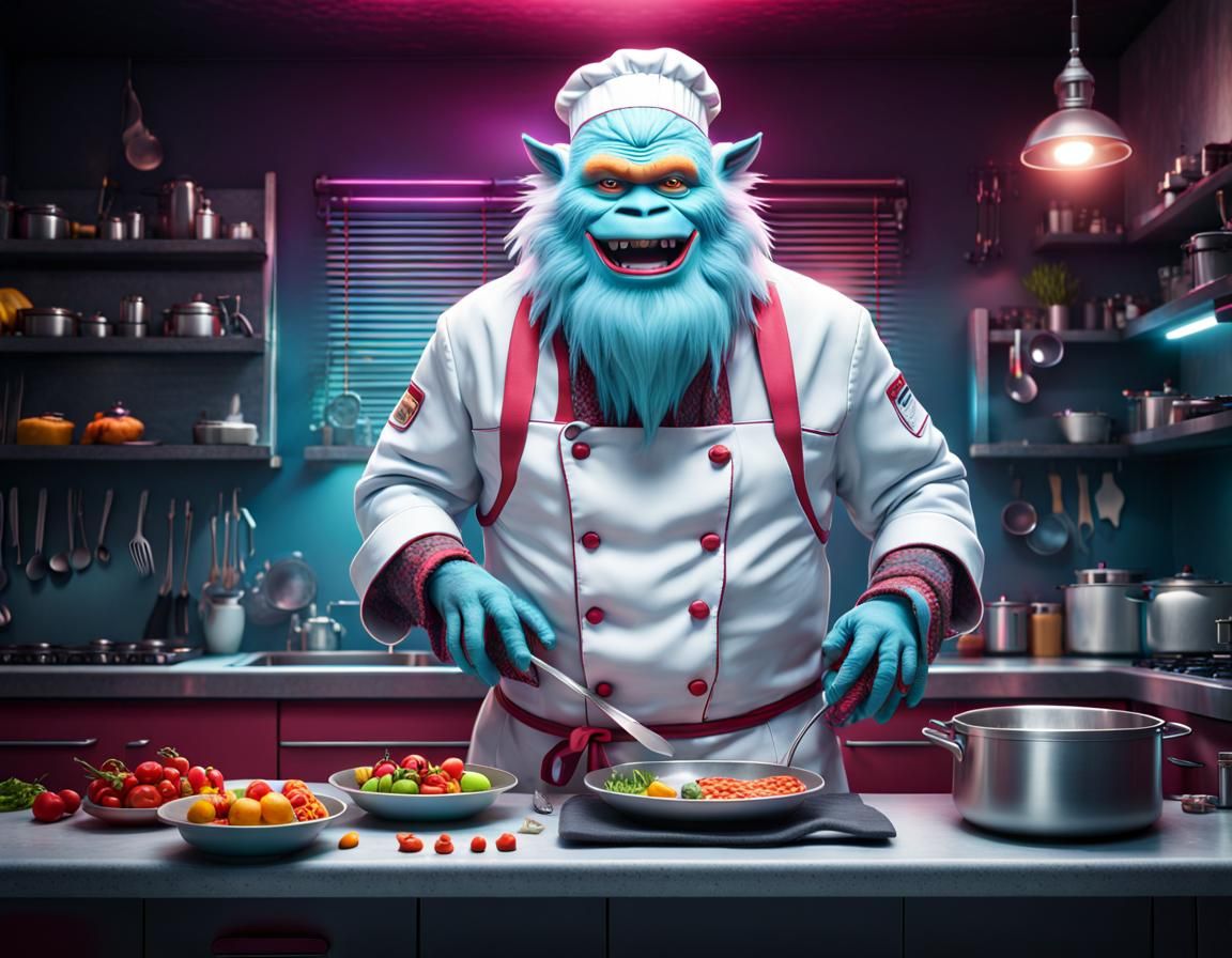 Yeti Chef in Elaborate Kitchen: Hyperrealistic 8k