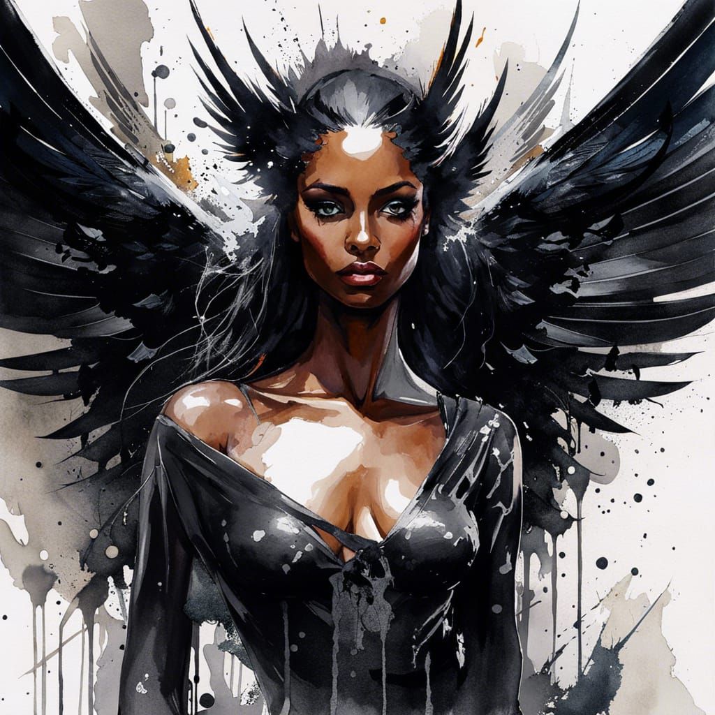 Beautiful Black Angel Portrait in Gothic Watercolor Style