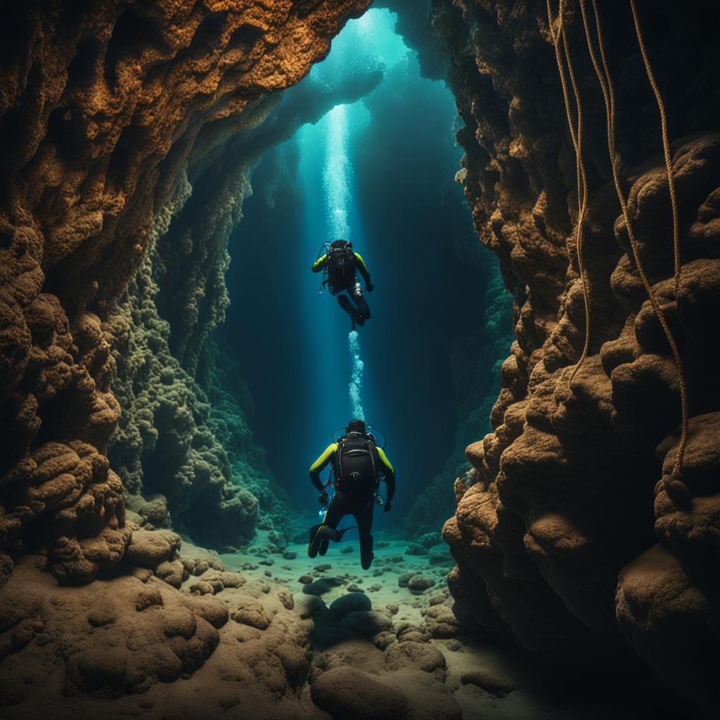 Scuba Diver Descending into Underwater Cave