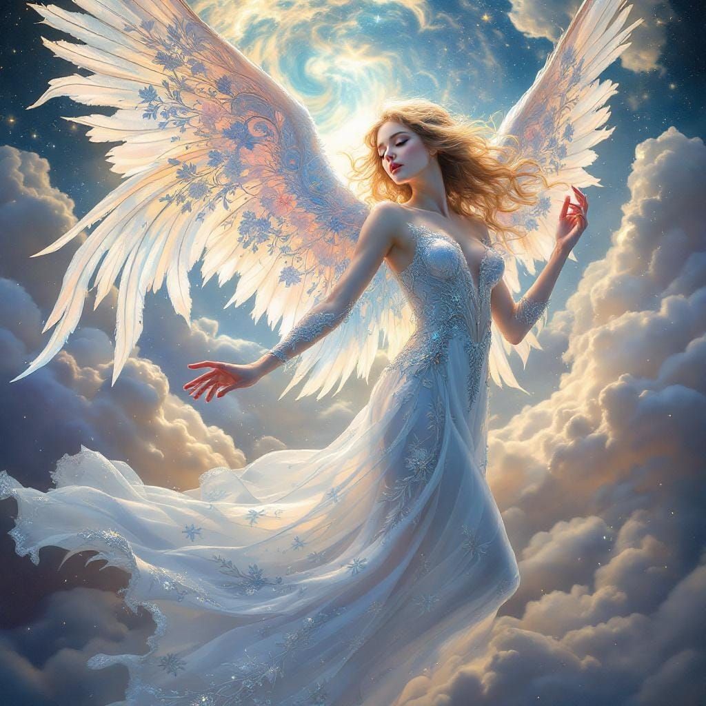 Ethereal Angel in Art Nouveau Gown and Pastel Wings