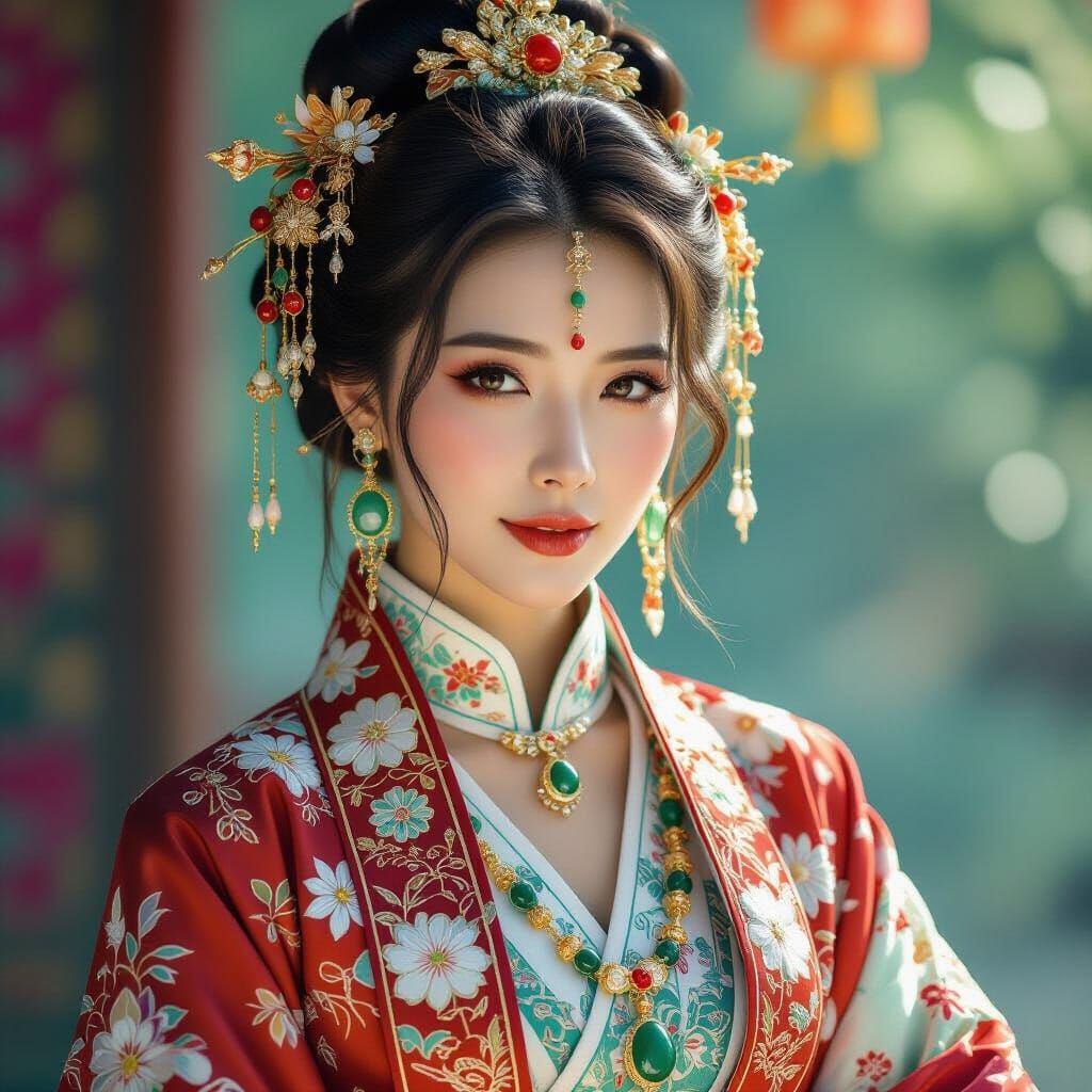 Chinese Woman in Tang Dynasty Costume: Hyperrealistic Splash...