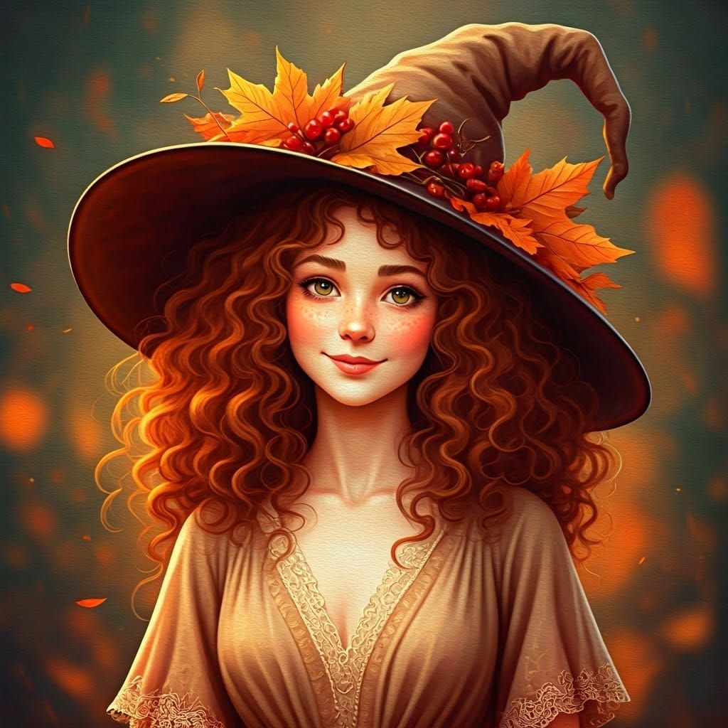 Friendly Witch with Autumn Leaves Hat Oil Painting
