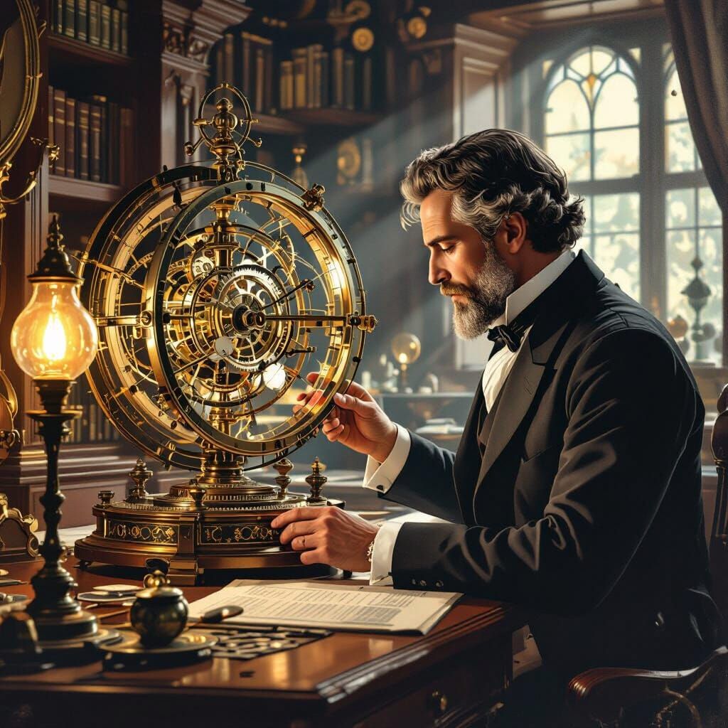 Victorian Scholar Studies Intricate Orrery in Dim Study