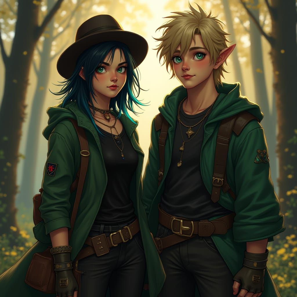 Girl and Elf in Forest: Hyperrealistic Art