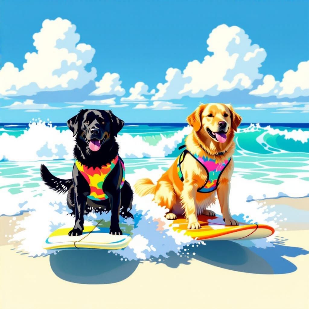 Dogs Surf on Sunny Beach in Digital Art Style
