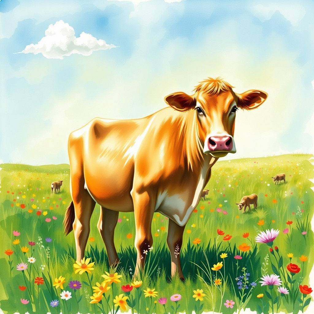 Cow in Meadow: Impressionist Landscape