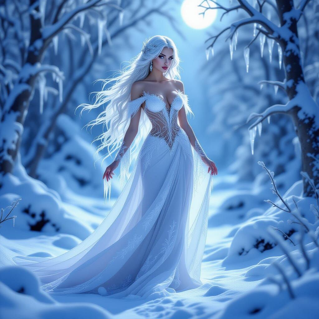 Ethereal Ice Goddess in Moonlit Winter Forest