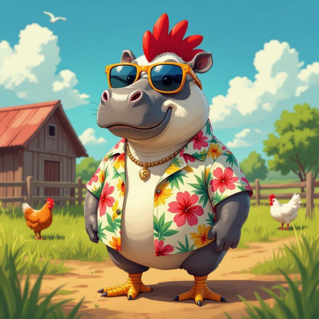 Humorous Hippo-Chicken Hybrid in Pop Art Style