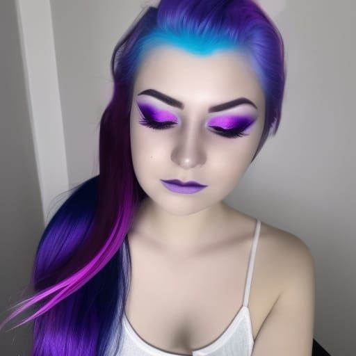 Ethereal young lady with purple Galaxy hair with blue highli...
