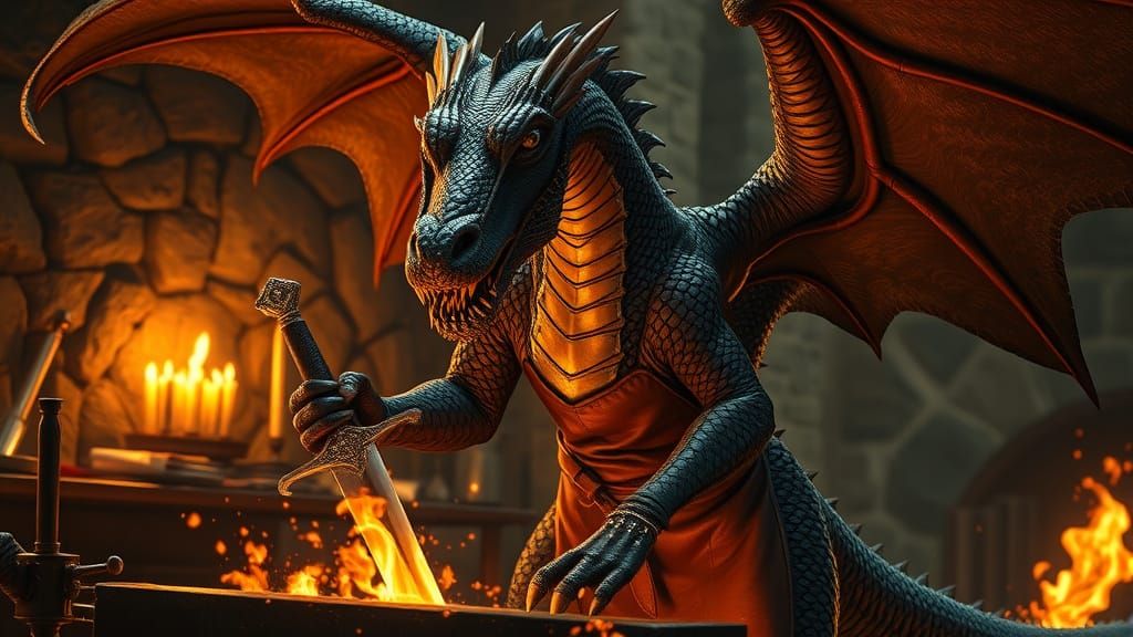 Majestic Dragon Blacksmith Forges Sword in Fiery Blaze