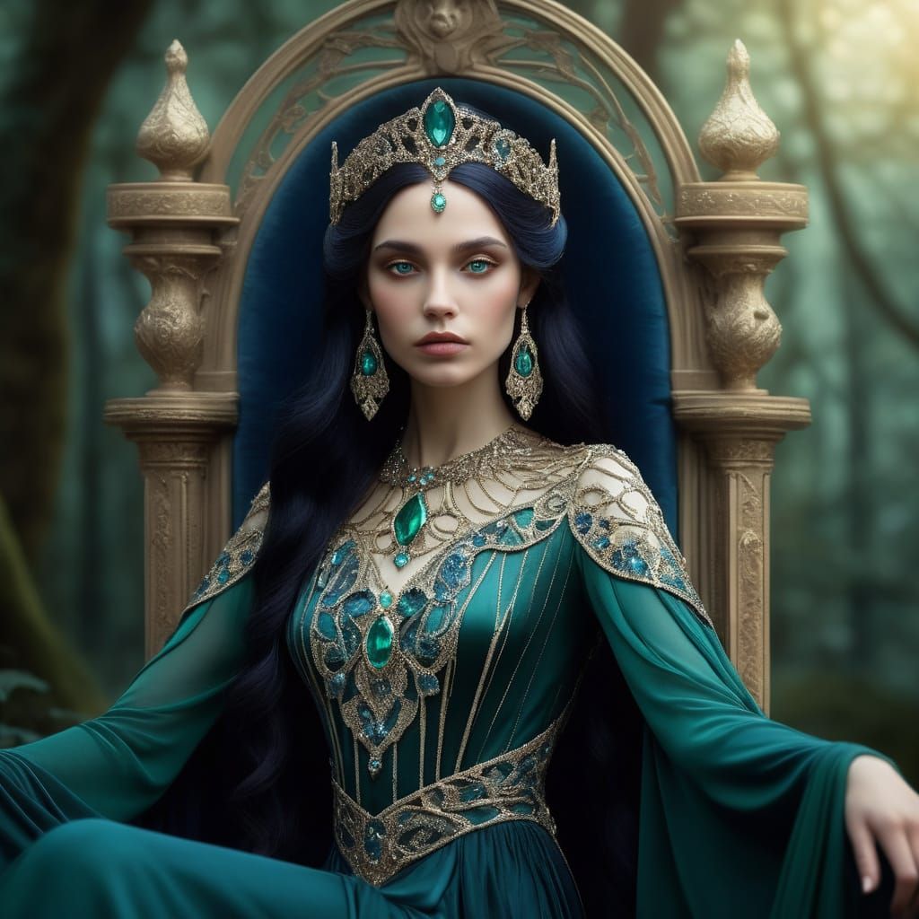 Regal Elf Queen in Moonlit Art Nouveau Splendor