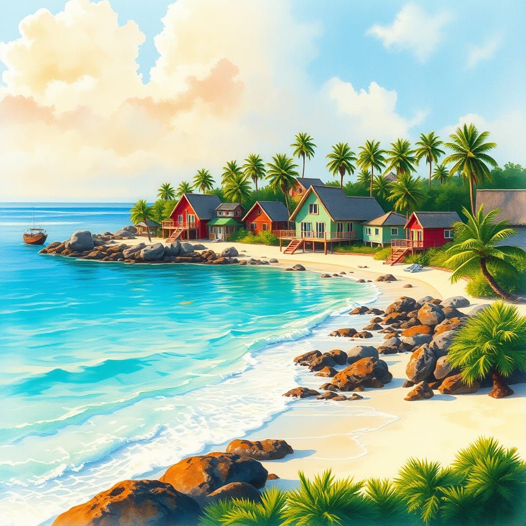 Charming Tropical Island Village at Golden Hour
