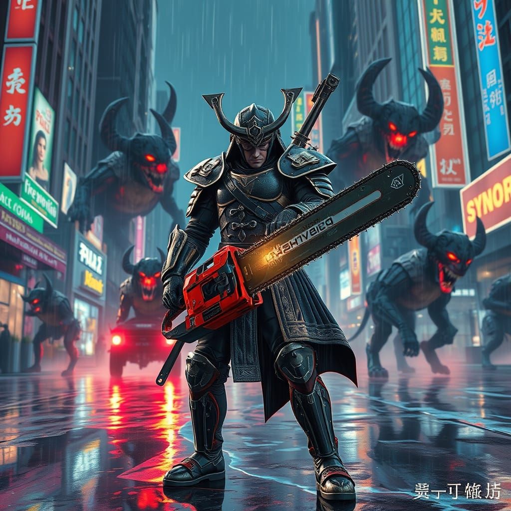 Ash Williams Samurai vs Cyborg Demons in Anime Style