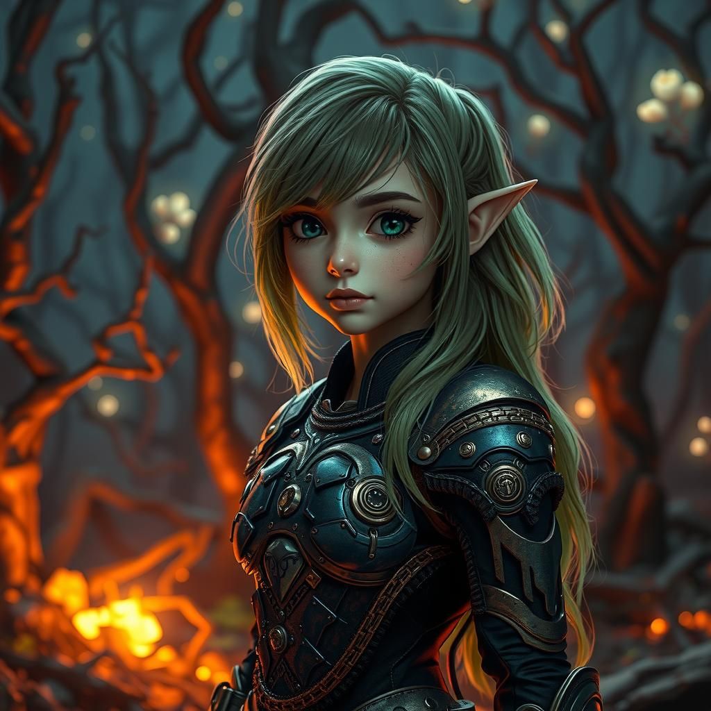 Elf-Girl in Steampunk Armor, Detailed Eyes, Abandoned Ruins