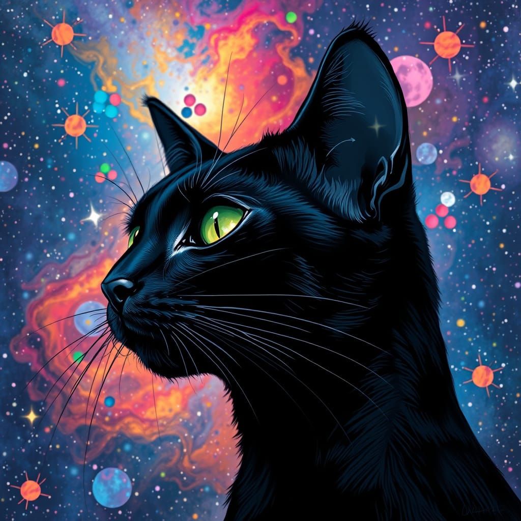 Cosmic Black Cat in Profile with Dreamy Green Eyes