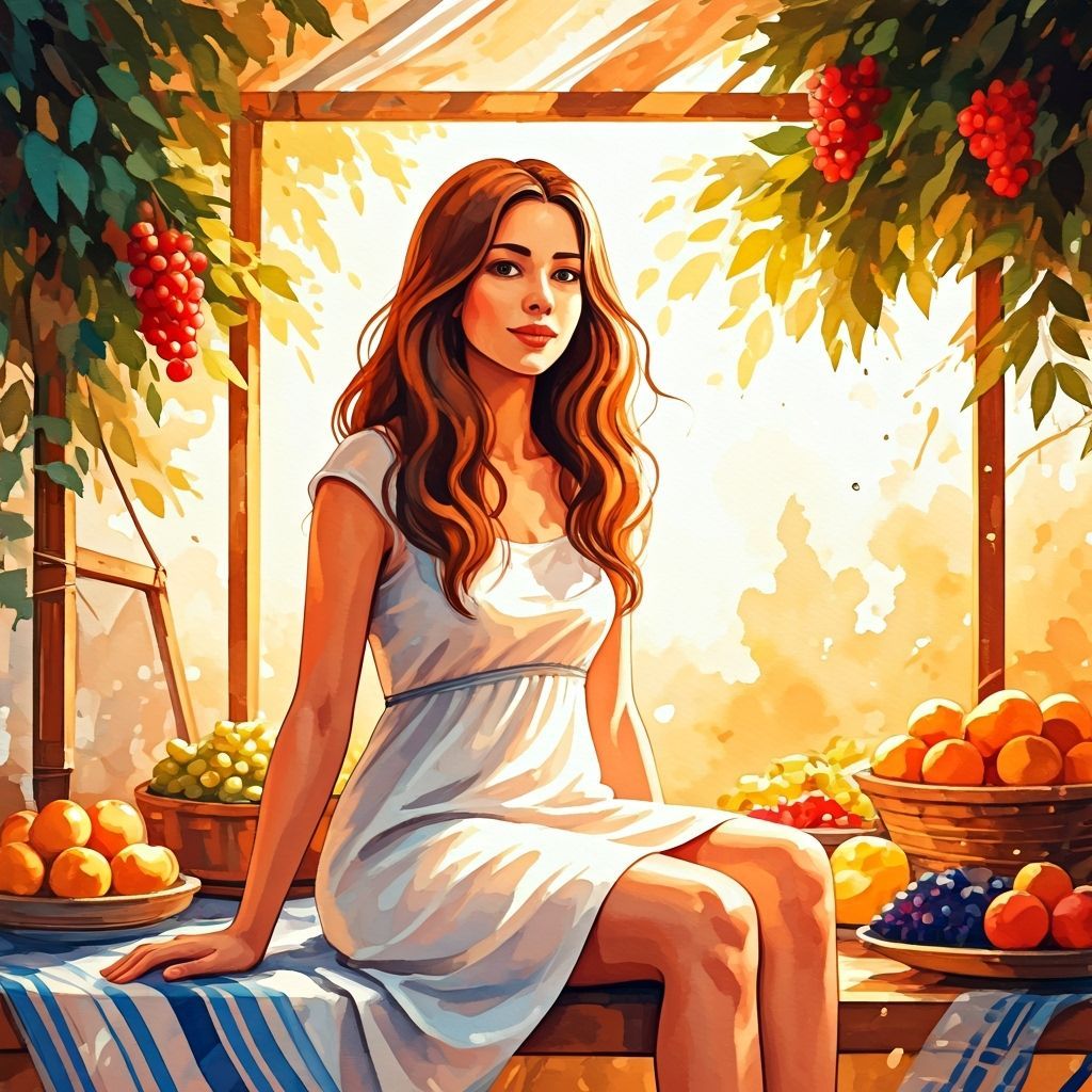 Woman in Succah on Sunny Day, Watercolor Style