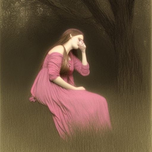 Girl Drawing Under Oak Tree, Dramatic Lighting