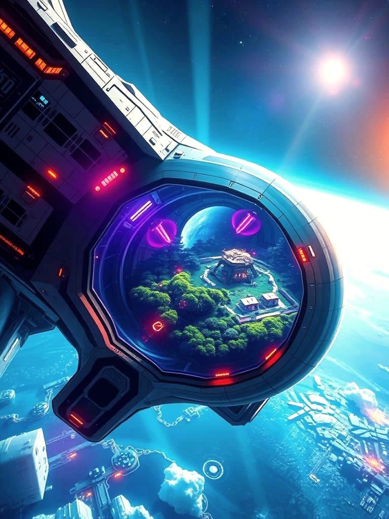 Futuristic Colony Spaceship with Artificial Forest Island