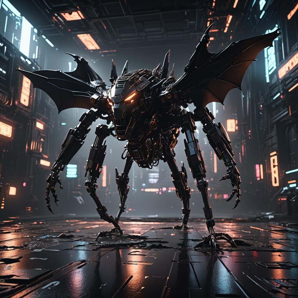 Futuristic Robotic Bat in Sci-Fi Cityscape