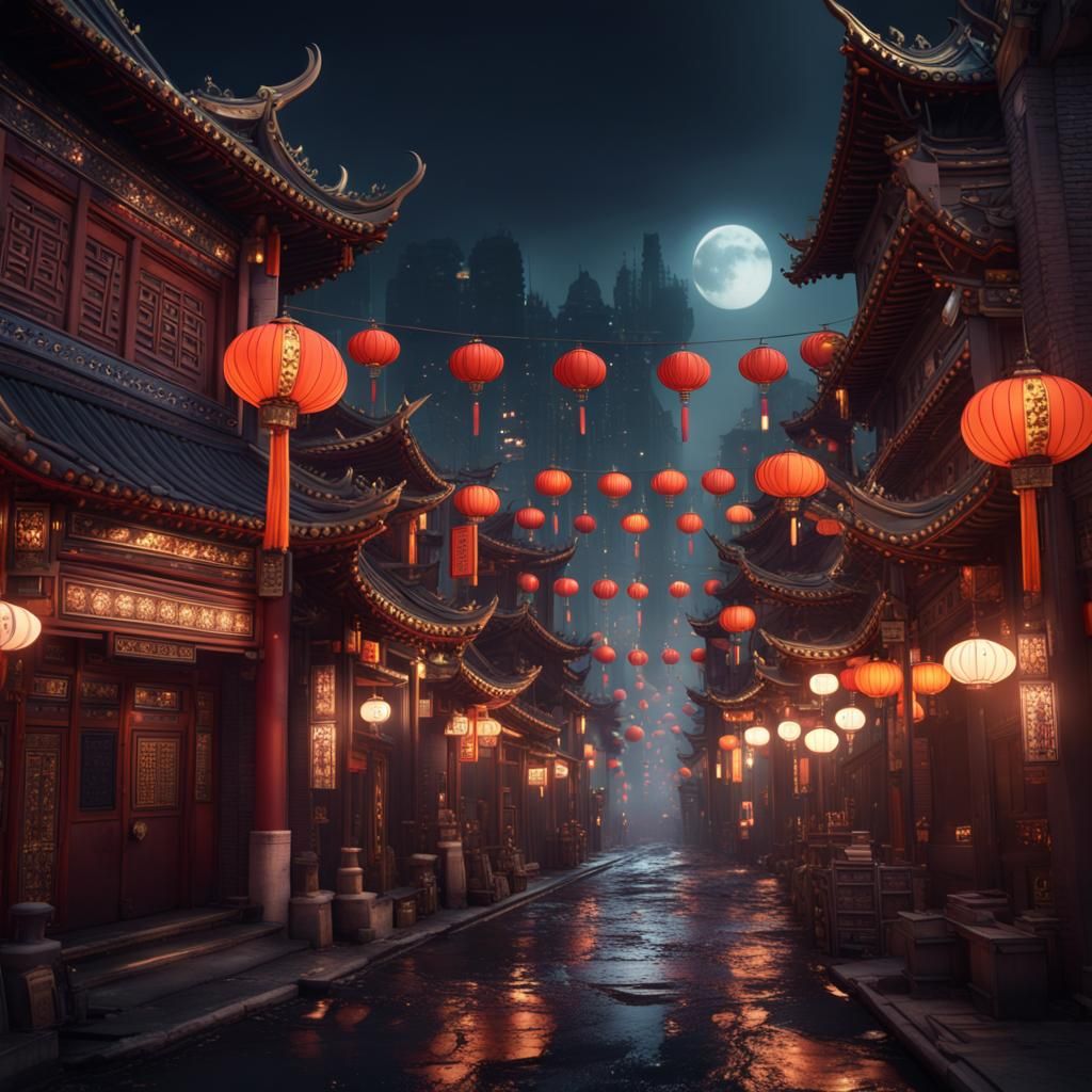 Nighttime Chinatown: Detailed Matte Painting in Deep Color