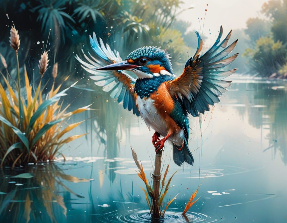 Kingfisher on Reed in Morning Glow Neo-Impressionist Paintin...