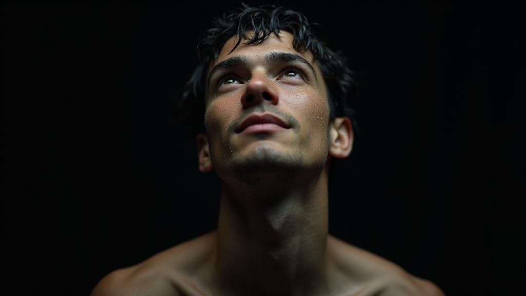 Dramatic Close-Up Portrait with Water Droplets