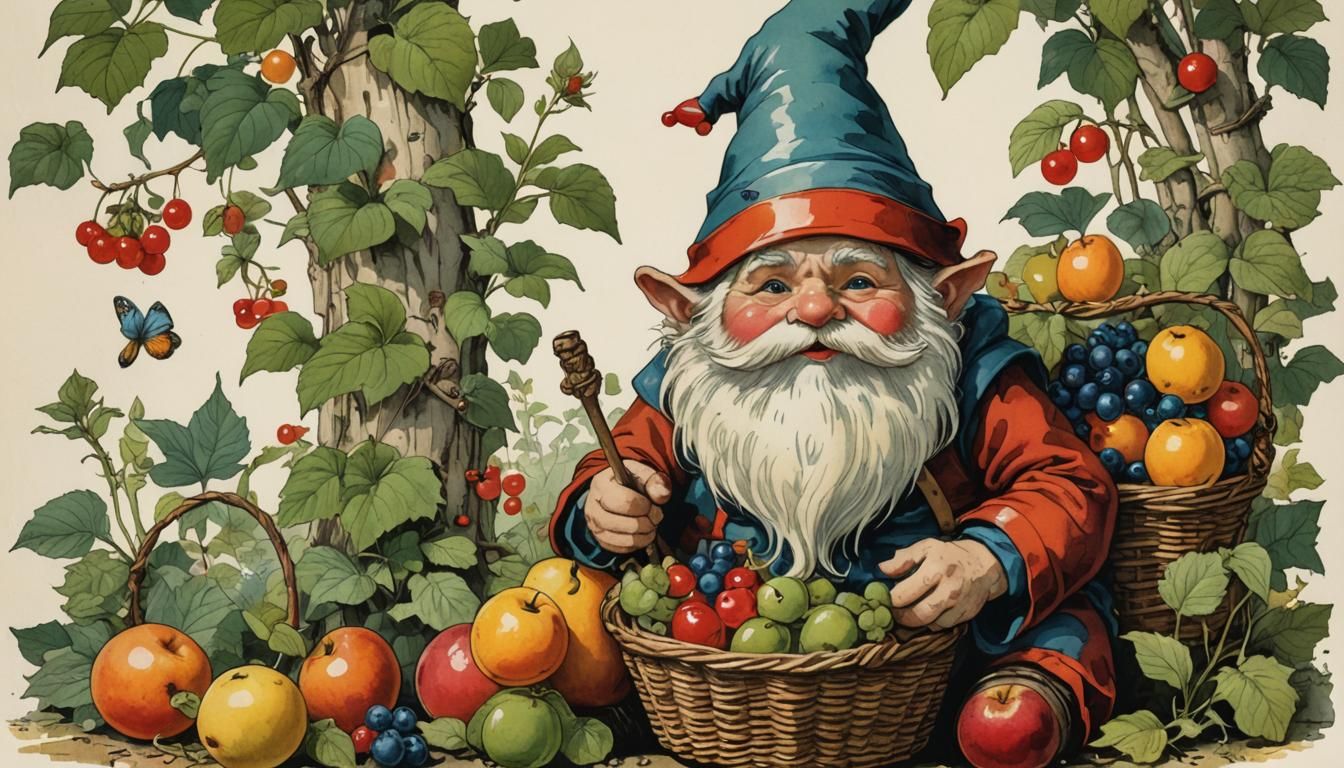 Whimsical Garden Gnome with Fruit Basket Illustration