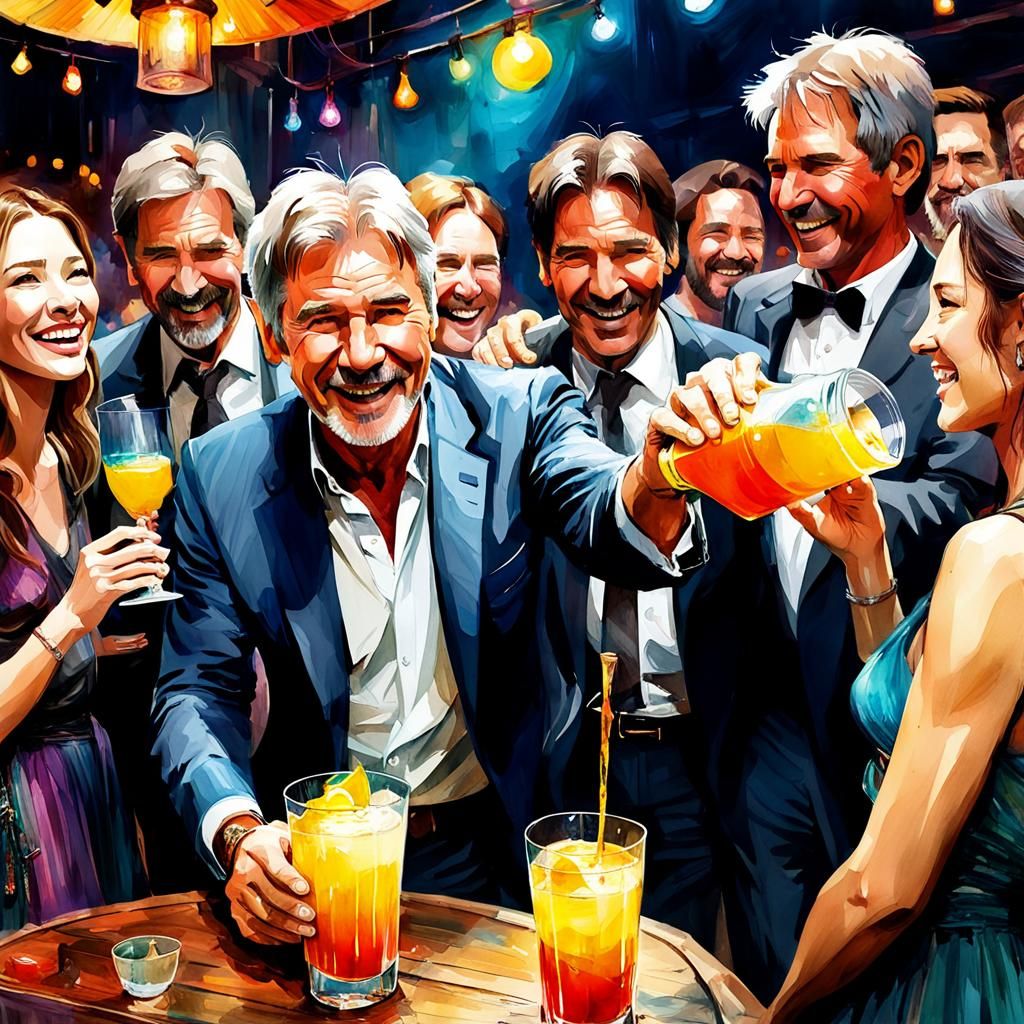 Harrison Ford Pouring Drinks: Watercolor Digital Illustratio...