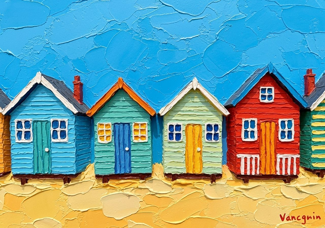 Whimsical impasto low relief row of traditional seaside beac...