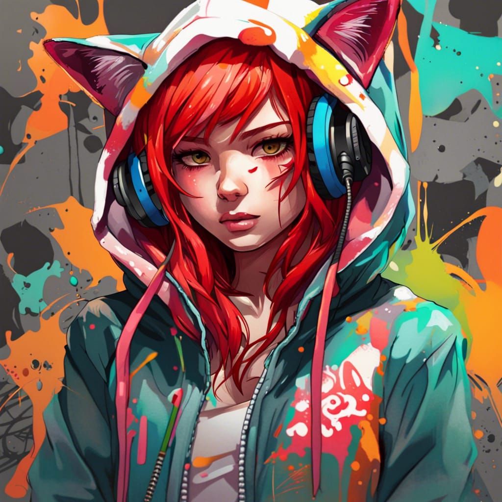 Anime Girl with Red Hair in Graffiti Style