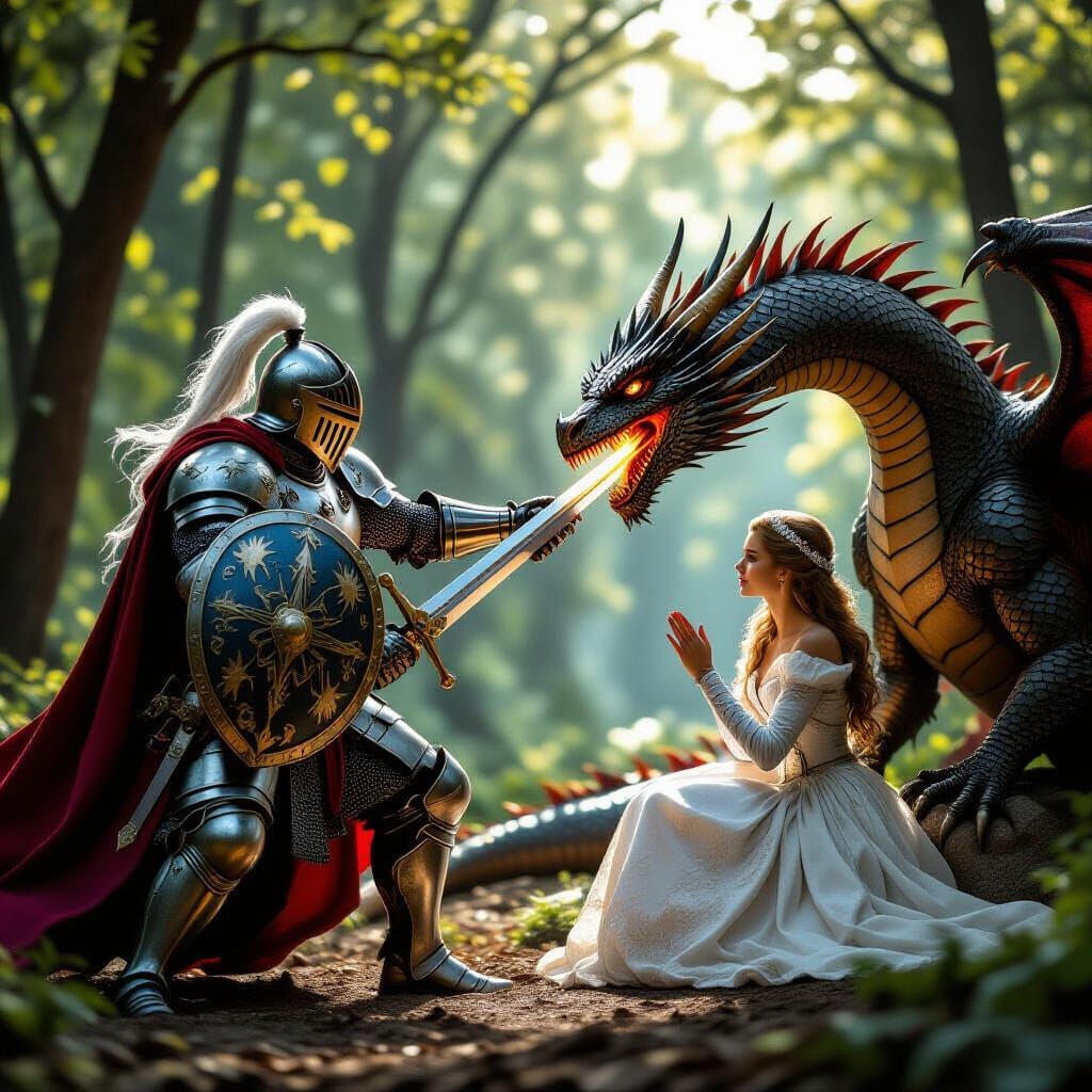 Knight and Dragon Battle with Princess