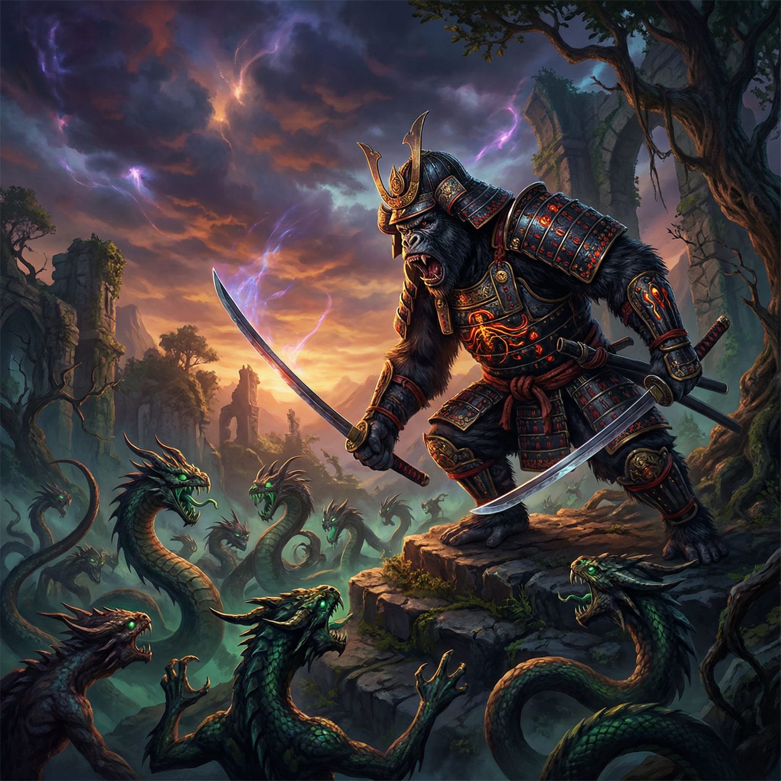 Battle-Ape Warrior Clad in Samurai Armor Fights Serpent Demo...