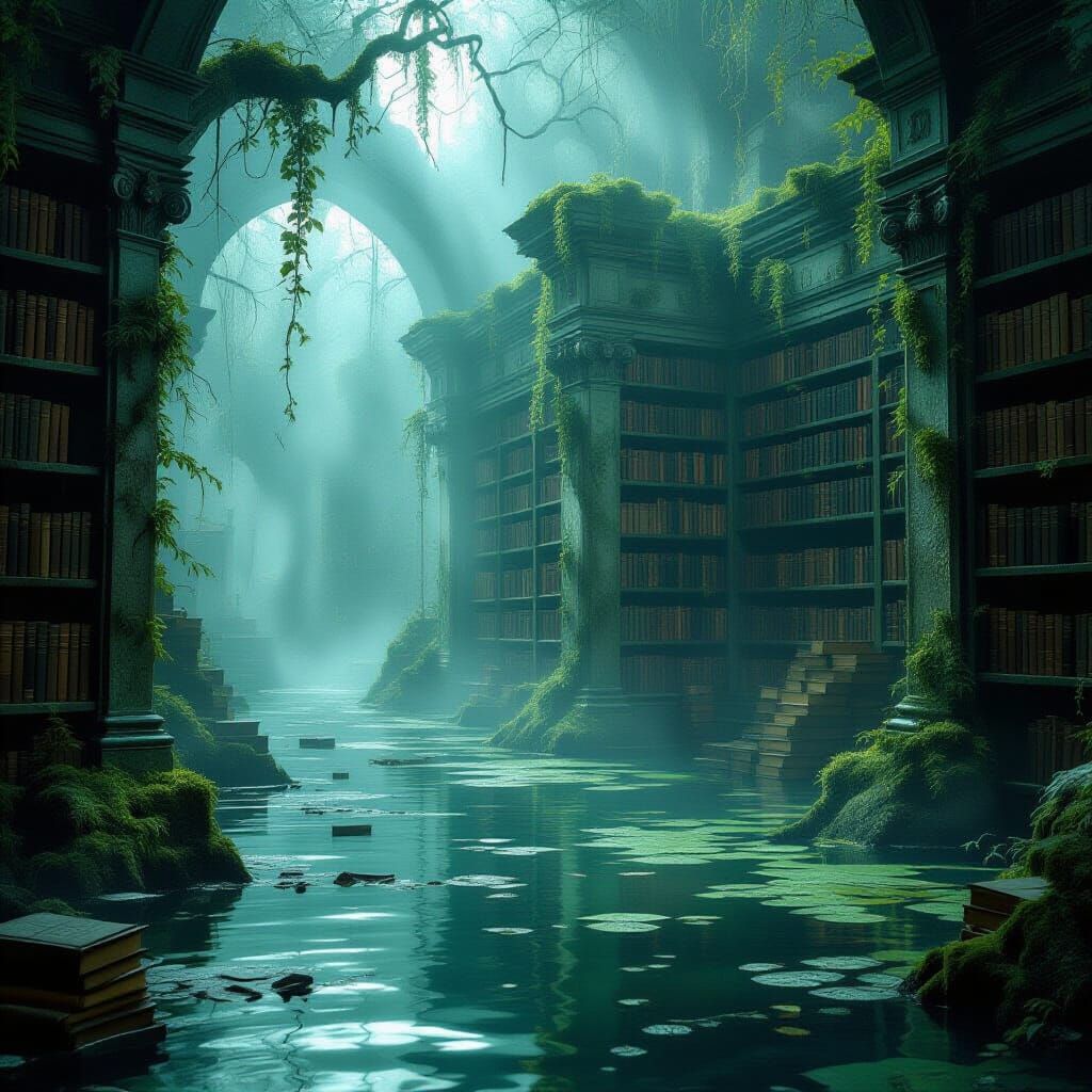 Ancient Swamp Library in Misty Ethereal Landscape