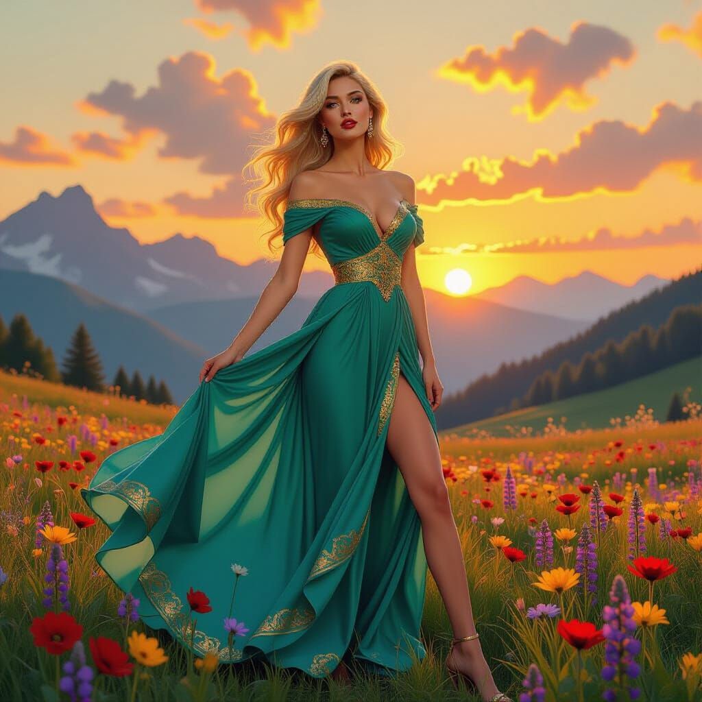 Woman in Alpine Meadow at Sunset, Storybook Illustration