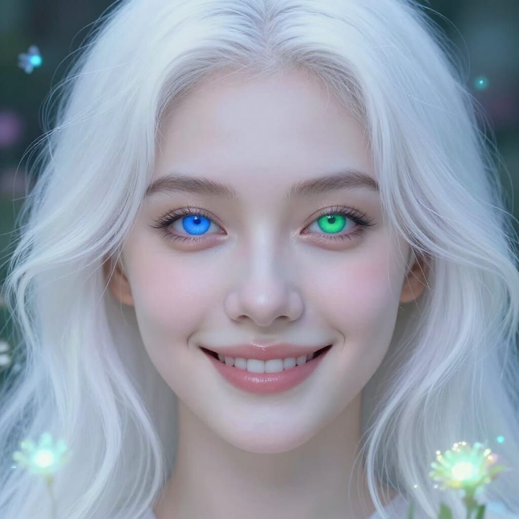 Enchanting Woman with Blue-Green Eyes and White Hair, Magica...